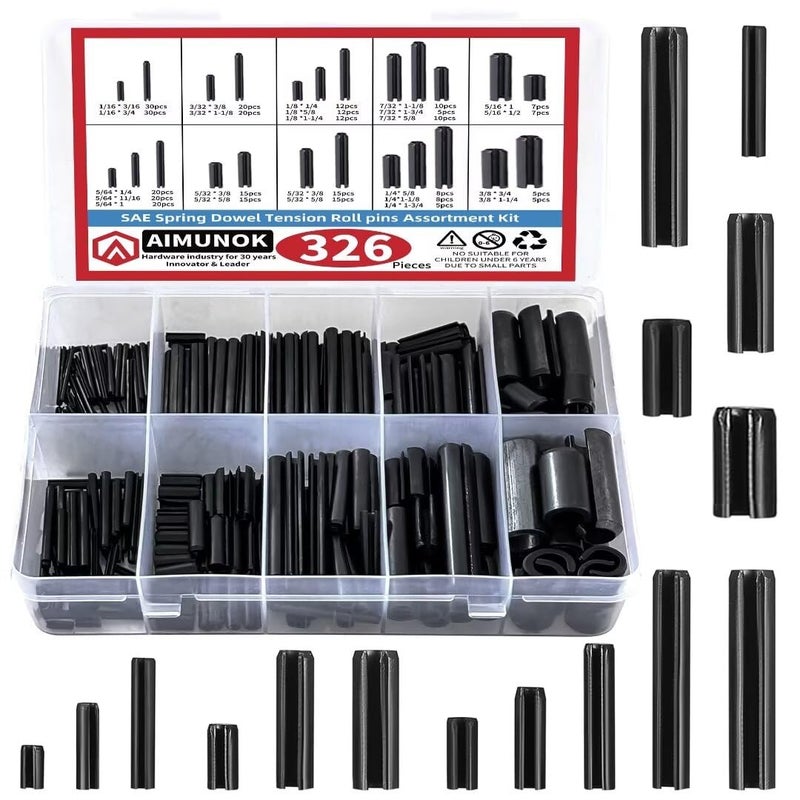 AIMUNOK 326PCS Roll Pin Set - 24 Sizes Spring Dowel Tension Roll Pins - 1/8 1/4 3/8 1/16 5/64 3/32 5/16 5/32 7/32 Split Expansion Pin Assortment Kit for Home Improvement - Image 1
